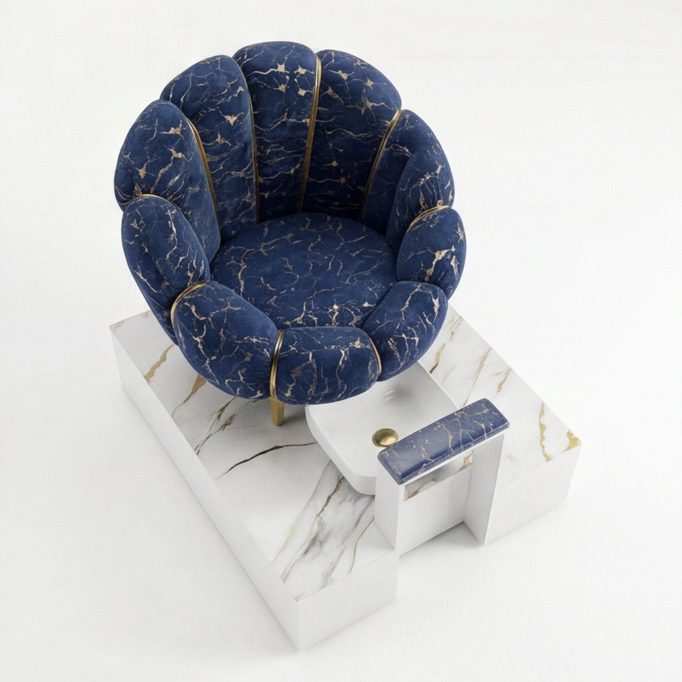 Combo pedicure spa de pies, vista superior del asiento azul veteado en dorado sobre base tipo mármol