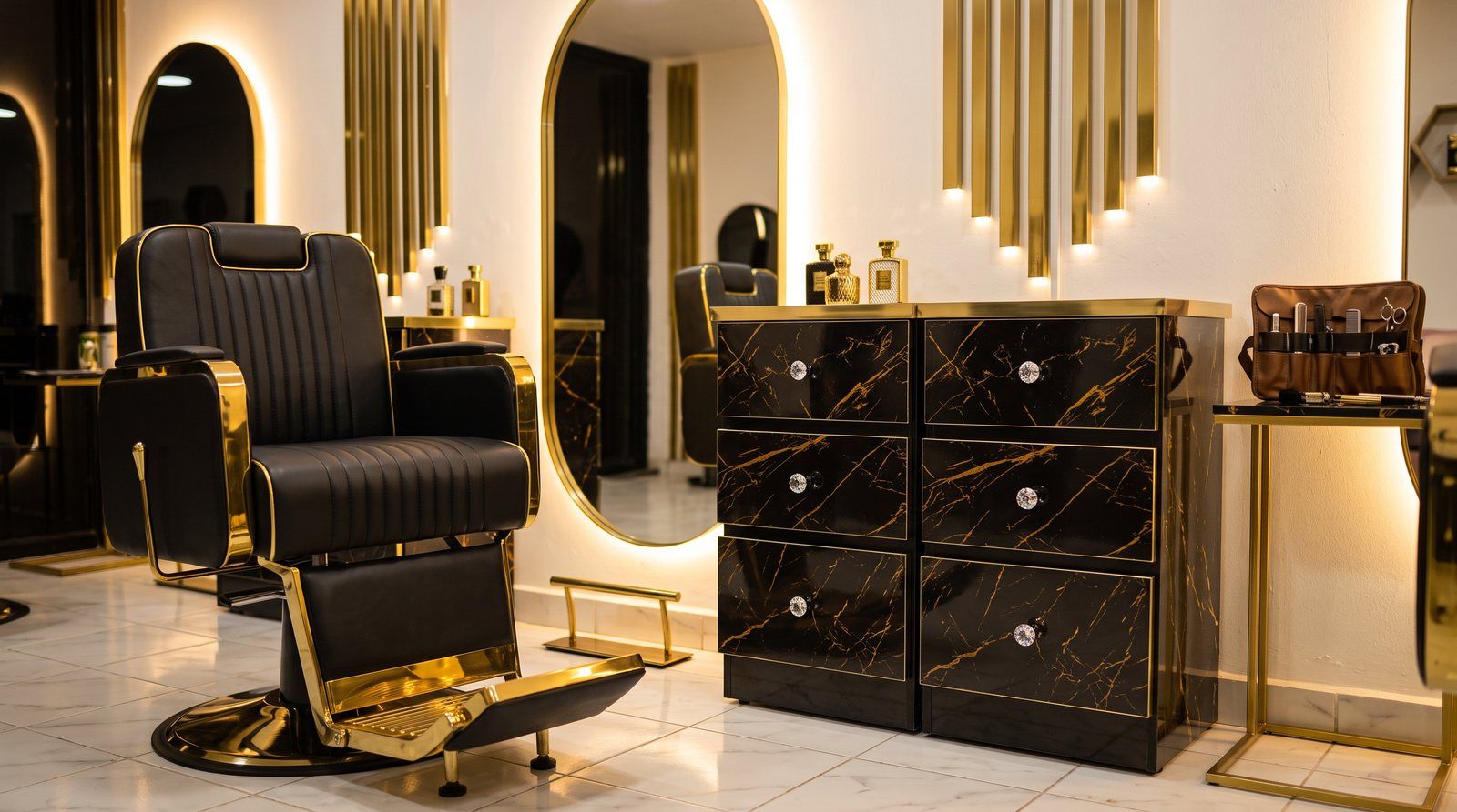 Combo Mentiroso instalado en barbería de noche, negro con dorado y paneles verticales