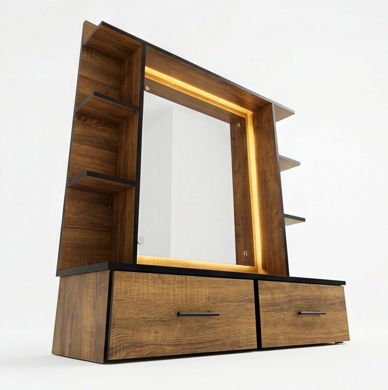 Tocador del combo Milán barbería en madera con marco LED y cajones, vista frontal tres cuartos