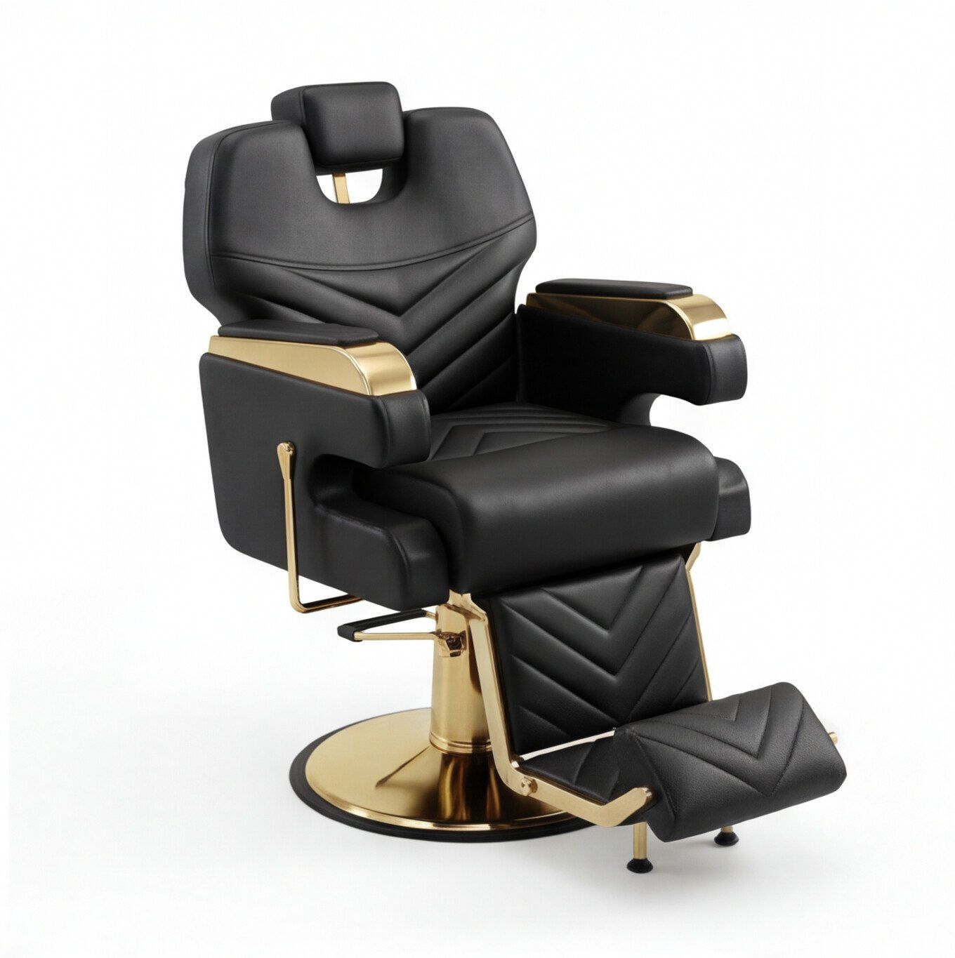 Sillón combo Milán barbería en cordobán negro y herrajes dorados, vista frontal de estudio