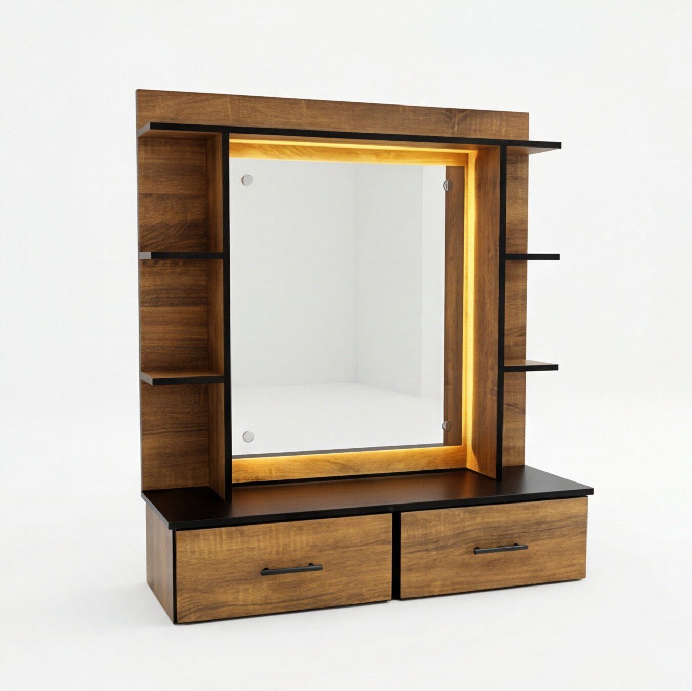 Tocador Milán LED flotante en madera y negro con luces LED, mueble de barbería vista frontal