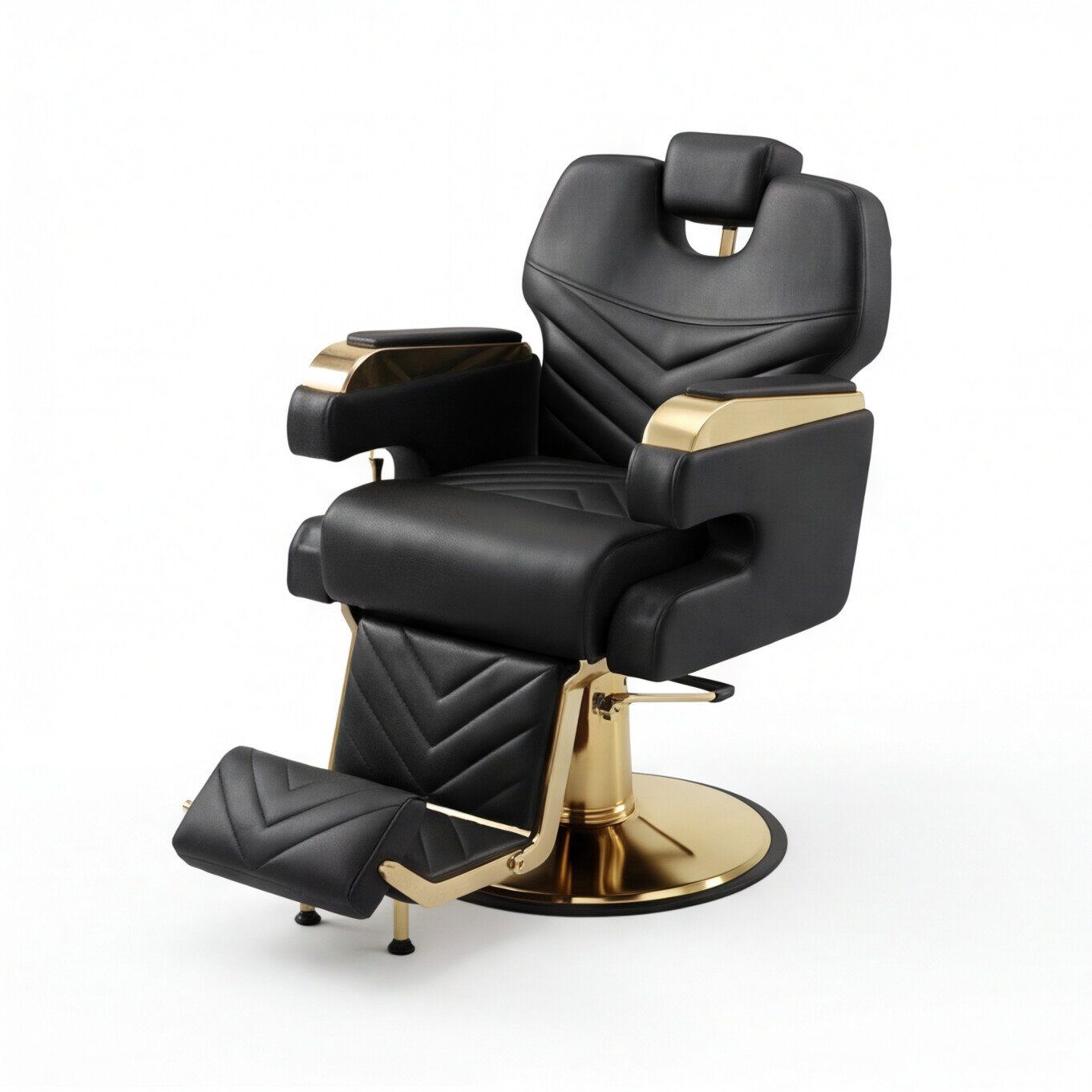 Sillón combo Milán barbería reclinado con reposapiés extendido y base dorada, vista tres cuartos