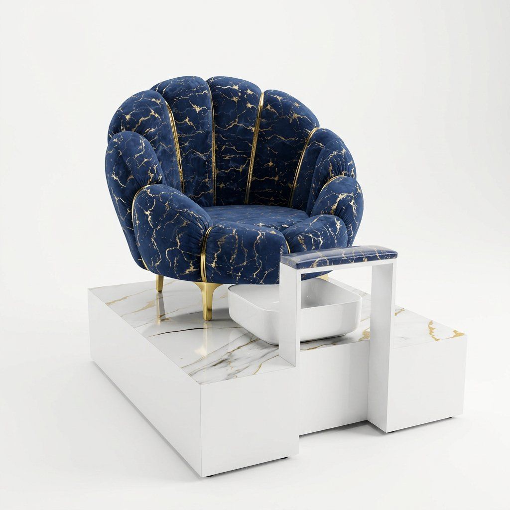 Combo pedicure spa de pies con sillón concha azul veteado en dorado, base tipo mármol, vista frontal