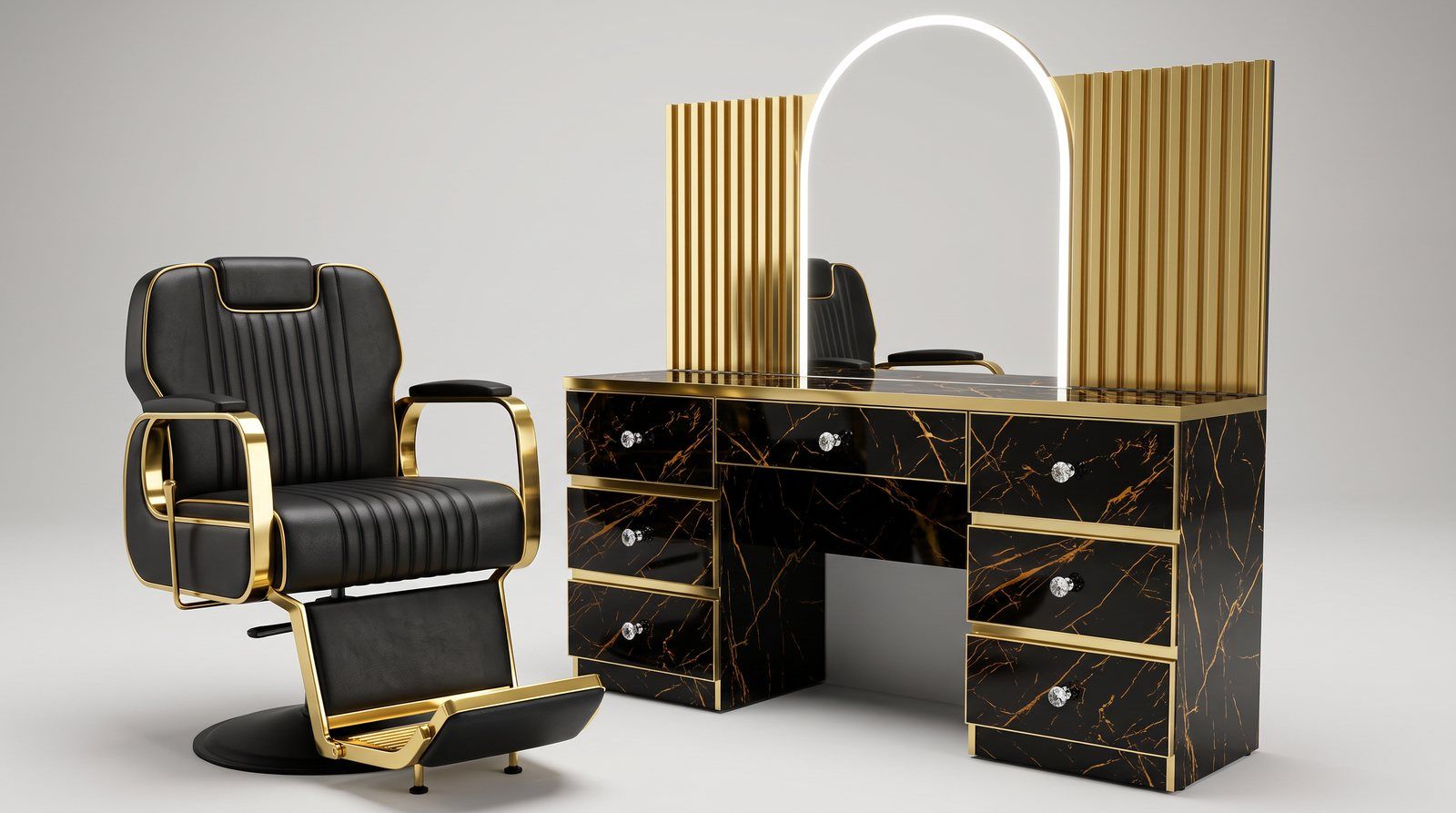 Combo Mentiroso completo: silla en cordobán con apliques dorados y tocador en mármol negro con vetas doradas y botones en diamante