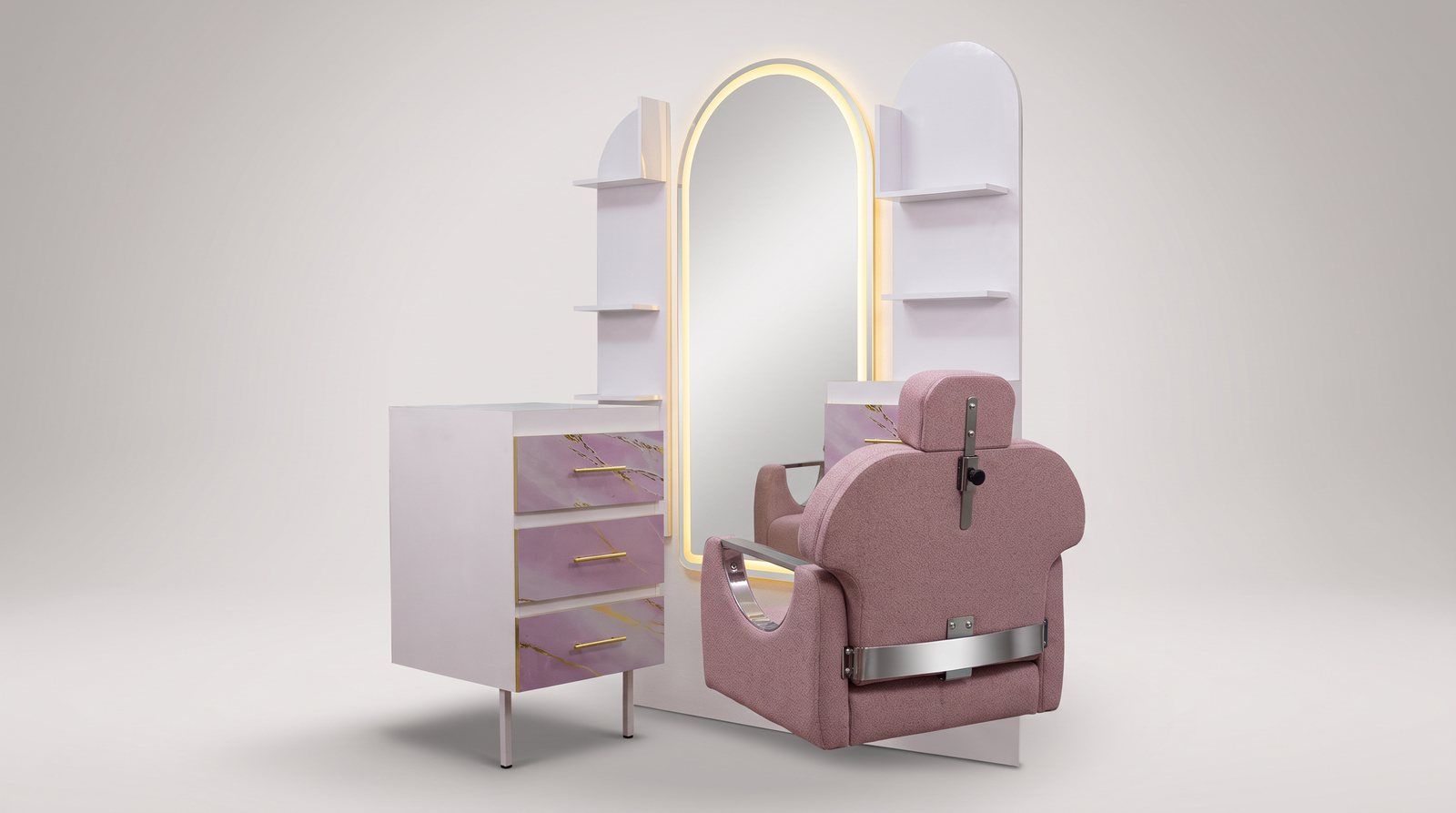 Combo Bugalú completo: silla de peluquería en tela rosa pet friendly, espejo con luz y módulo bugalú de tres cajones en lila